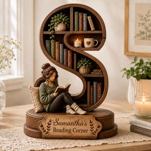 May include: A brown, S-shaped wooden bookshelf figurine featuring a person in a green jumper reading a book. The base displays the text "Samantha's Reading Corner" with leaf accents. The shelves hold miniature books, a candle, and potted plants.