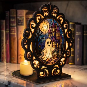 Świecznik z witrażem na Halloween, lampion z duchami, upiorny prezent na Halloween, nawiedzony dom, prezent na Halloween