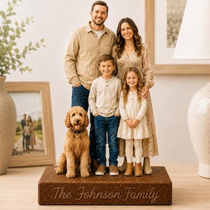 Personalized Family Figurine, Custom Family Portrait Statue, Wooden Family Keepsake, Gift For Mom Dad, Family Gift With Dog