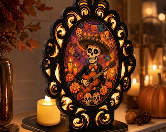 Mariachi Skeleton Day of the Dead Candle Holder, Dia de los Muertos Candle Lantern, Acrylic Wood Ofrenda Decor Gift