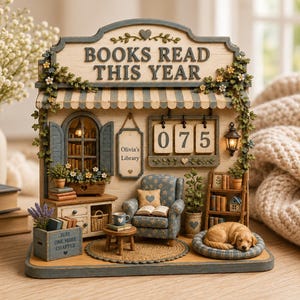May include: A decorative wooden bookshelf tracker with the text BOOKS READ THIS YEAR, featuring a miniature library scene with a blue armchair, a sleeping dog on a cushion, a numbered counter showing 075, and a sign labeled Olivia's Library.