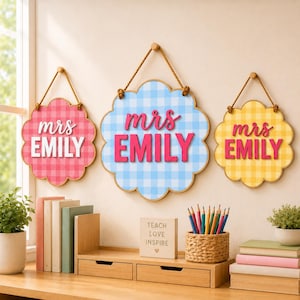 Personalized Teacher Door Sign, Custom Gingham Classroom Door Hanger, Wooden Name Plaque, Back to School Teacher Gift