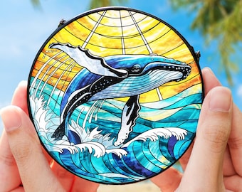 Humpback Blue Whale Stained Glass Window Hanging, Whale Suncatcher, Whale Ornament, Blue Whale Beach Home Decor, Sea Life Creature
