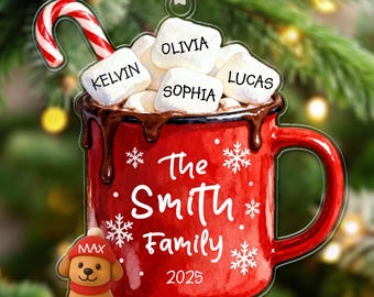 Adorno navideño personalizado para mascotas de la familia, nombres personalizados para el árbol de Navidad, recuerdo navideño familiar, adorno de taza de chocolate caliente