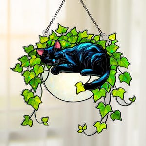 Black Cat Sleeping On Ivy Suncatcher ACRYLIC Cat Ornament Window Hanging Cozy Cat Decor Gift for Cat LoverBook Lovers, Librarian Gift