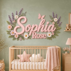 Personalized Floral Nursery Name Sign, Custom Baby Name Wall Decor, Pink 3D Wooden Sign, Baby Girl Room Decor, Baby Shower Gift