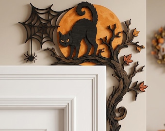 Halloween Black Cat Door Corner Decor, Haunted House Moon Wall Decor, Gothic Witch Fall Door Sign, Spooky Season Gift