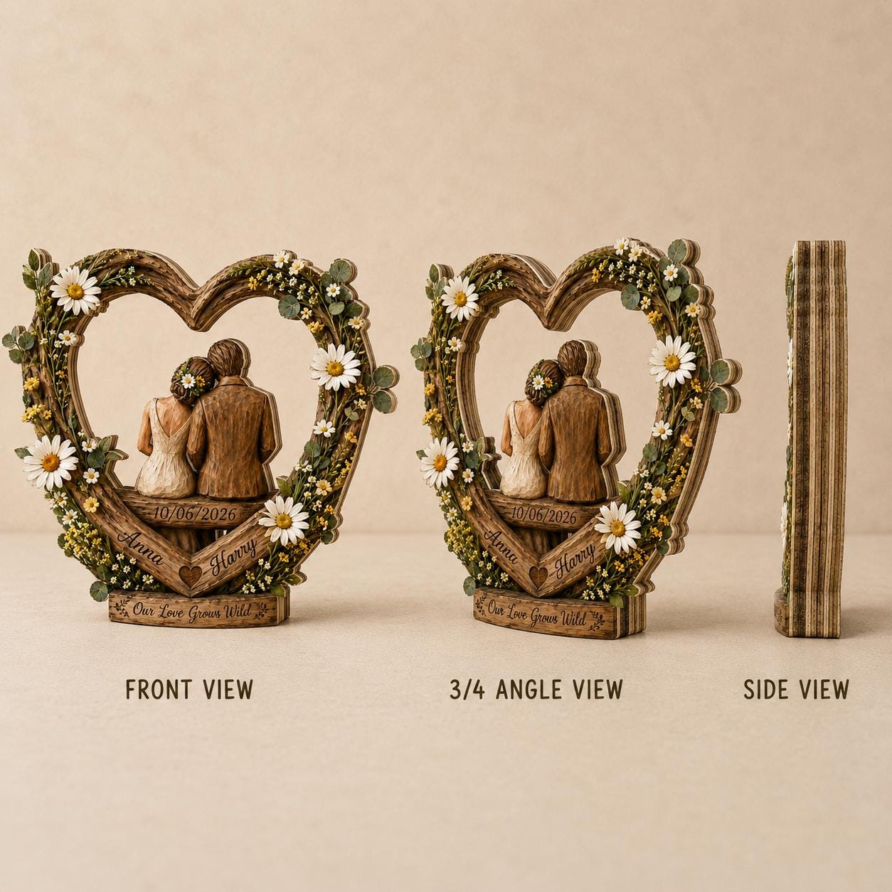 Personalized Couple Heart Tree Wooden Block Sculpture, Wedding