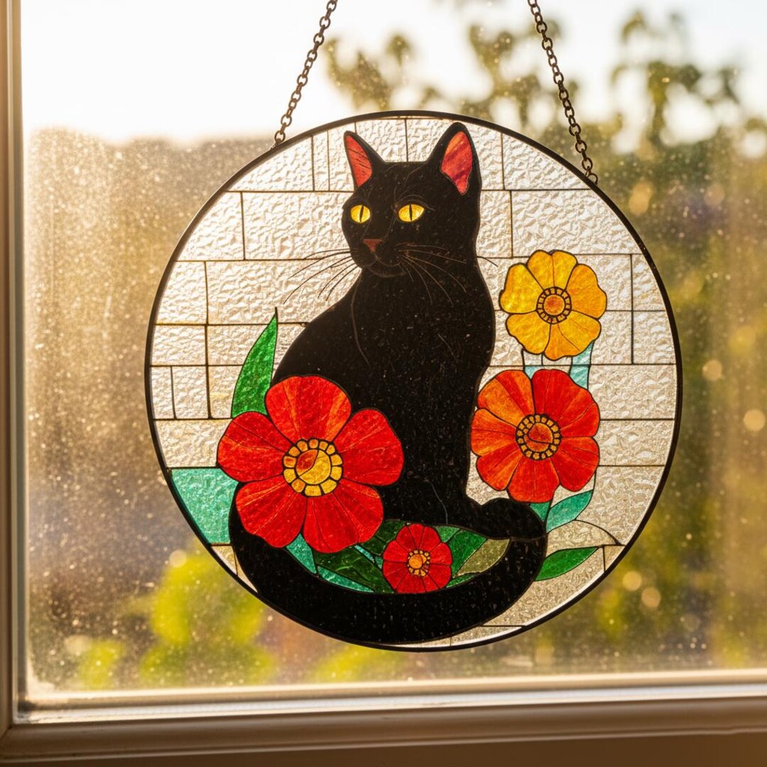Black Cat Stained Glass Suncatcher, Floral Cat Window Decor, Witchy Sun ...