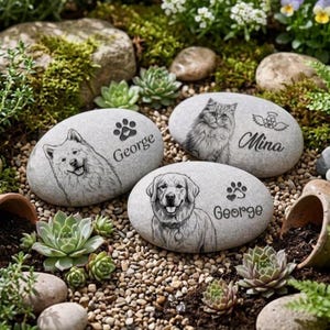 Peut inclure: Trois pierres commémoratives gris clair et lisses avec des portraits d'animaux gravés. Une pierre montre un chien avec le nom George, une autre un chat avec le nom Mina et une icône d'ailes d'ange, et la troisième un chien avec le nom George.