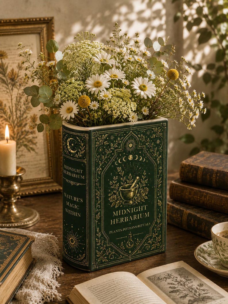 Gothic Botanical Book Vase, Midnight Herbarium Ceramic Flower Holder With Moon Phase Gold Art, Dark Cottagecore Home Office Decor image 4