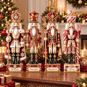 May include: Four decorative nutcracker figurines standing on rectangular bases labelled William, Alexander, Benjamin, and Oliver. Each figure wears a detailed red, white, and gold uniform with festive accents like snowflakes, holly, and candy canes.