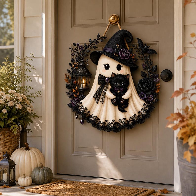 May include: A decorative wreath featuring a cream-colored ghost wearing a black witch hat and holding a small black kitten. The ghost is surrounded by black floral accents, a miniature lantern, and lace trim, all suspended by a rope on a door.