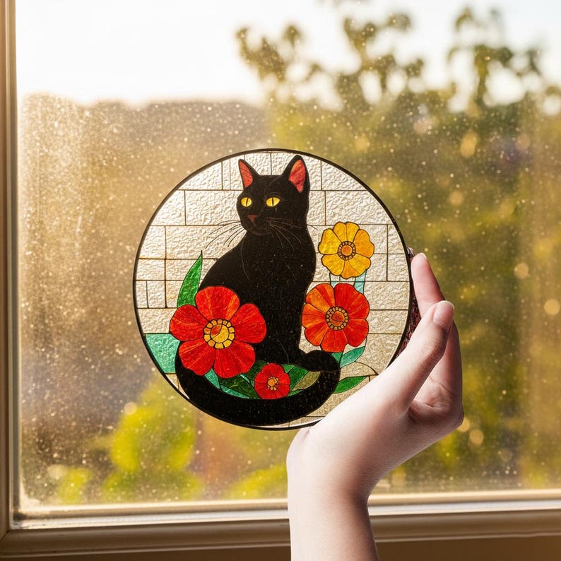 Black Cat Stained Glass Suncatcher, Floral Cat Window Decor, Witchy Sun ...