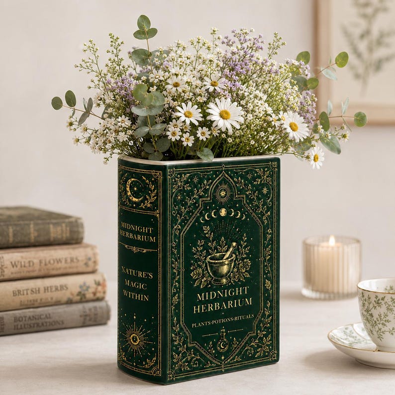 Gothic Botanical Book Vase, Midnight Herbarium Ceramic Flower Holder With Moon Phase Gold Art, Dark Cottagecore Home Office Decor image 1