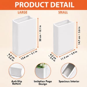 May include: Two white rectangular vases with book-like shapes. The large vase measures 20 cm by 12.6 cm by 6.4 cm (8.1 in by 5.1 in by 2.6 in). The small vase measures 14.7 cm by 11.5 cm by 6.2 cm (5.6 in by 3.9 in by 2.4 in). Features include an anti-slip bottom, ribbed side texture, and a spacious interior.