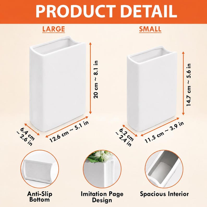 May include: Two white rectangular vases with book-like shapes. The large vase measures 20 cm by 12.6 cm by 6.4 cm (8.1 in by 5.1 in by 2.6 in). The small vase measures 14.7 cm by 11.5 cm by 6.2 cm (5.6 in by 3.9 in by 2.4 in). Features include an anti-slip bottom, ribbed side texture, and a spacious interior.