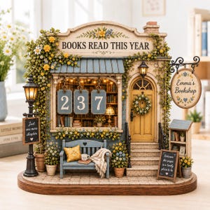 Könnte beinhalten: Ein Miniatur-Buchladen-Modell namens Emma's Bookshop mit dem Text BOOKS READ THIS YEAR, mit einer blauen Bank, einer gelben Tür mit Kranz, einer Laterne mit dem Schild Just one more chapter und einer Tafel mit Between the pages is a lovely place to be.
