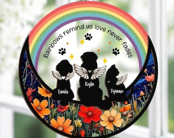 Personalized Dog Cat Memorial Suncatcher Moon Flowers, Custom Pet Loss Memorial Keepsake, Pet Sympathy Gift, Dog Remembrance Window Hanging