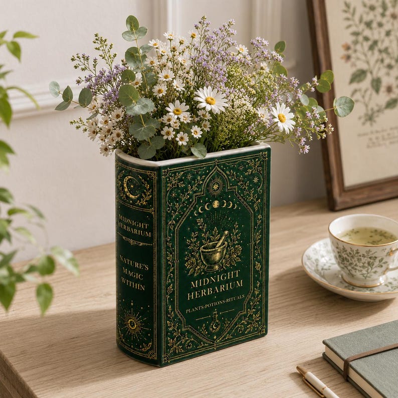 Gothic Botanical Book Vase, Midnight Herbarium Ceramic Flower Holder With Moon Phase Gold Art, Dark Cottagecore Home Office Decor image 3