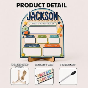 May include: An arched wooden sign with the name JACKSON at the top, featuring blank fields for school milestones like date, age, and height. It includes a wooden stand, twine, two tags labelled FIRST DAY and LAST DAY, and a black marker pen.