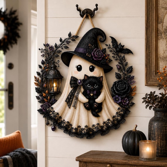 Halloween Ghost Door Hanger, Witch Ghost With Black Cat Wooden Door Sign, Spooky Fall Wall Decor With Jute Twine