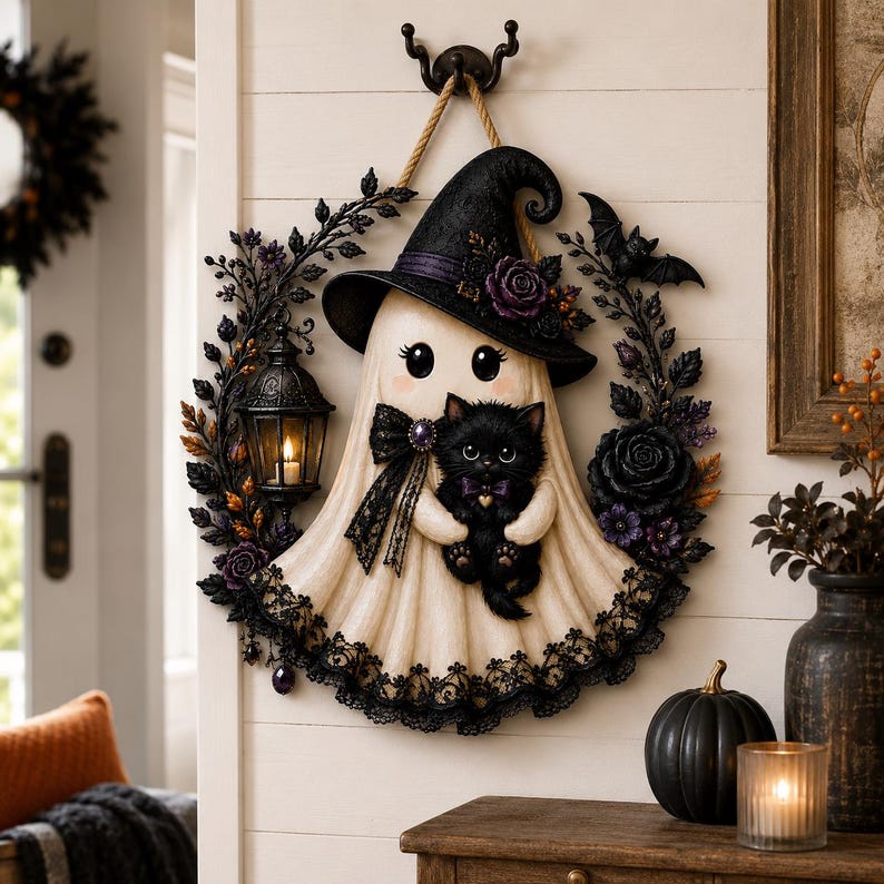 May include: A decorative wall hanging featuring a cream-colored ghost wearing a black witch hat and holding a black kitten. The ghost is surrounded by a wreath of black roses, leaves, and a small lantern, all suspended by a rope from a wall hook.