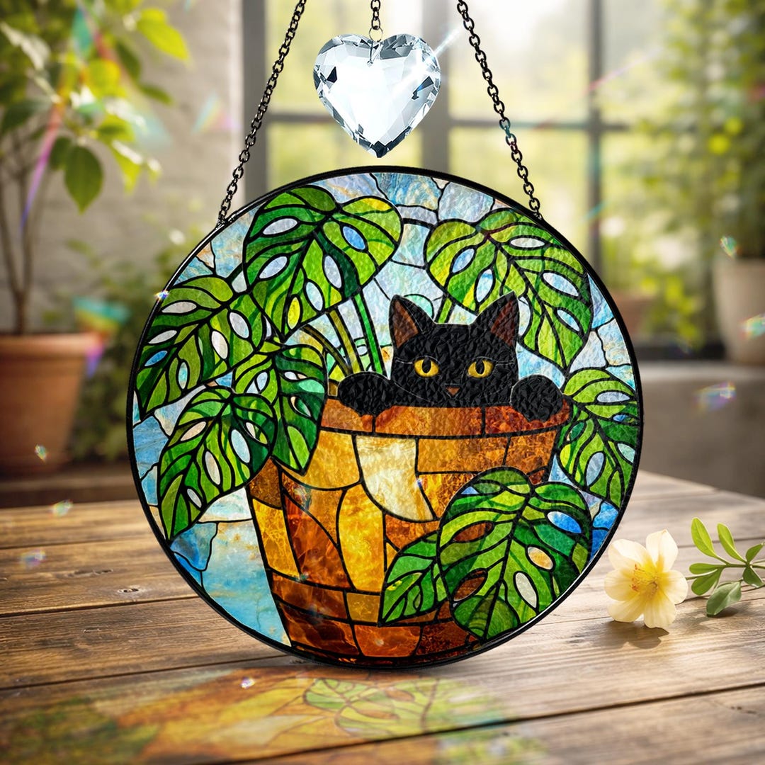 Custom Black Cat Stained Glass Suncatcher, Monstera Leaf Window Hanging ...