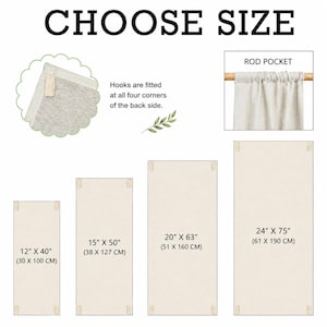 Może przedstawiać: Tabela rozmiar&oacute;w prostokątnych paneli z tkaniny z napisem CHOOSE SIZE. Pokazano cztery wymiary: 30 x 100 cm, 38 x 127 cm, 51 x 160 cm oraz 61 x 190 cm. Cechy obejmują kieszeń na drążek oraz haczyki w czterech rogach tylnej strony.