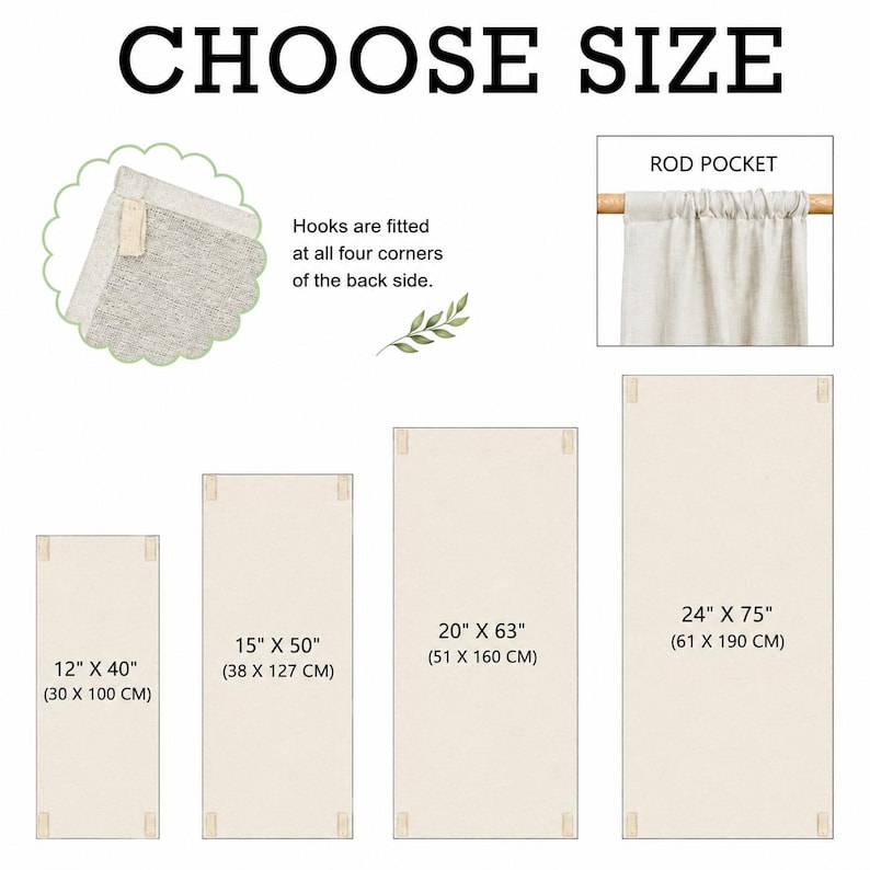 Może przedstawiać: Tabela rozmiar&oacute;w prostokątnych paneli z tkaniny z napisem CHOOSE SIZE. Pokazano cztery wymiary: 30 x 100 cm, 38 x 127 cm, 51 x 160 cm oraz 61 x 190 cm. Cechy obejmują kieszeń na drążek oraz haczyki w czterech rogach tylnej strony.