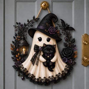 May include: A decorative wreath featuring a central cream-colored ghost figure wearing a black witch hat with purple roses. The ghost holds a black kitten with a purple bow. The wreath includes black foliage, a lit lantern, and a bat silhouette.