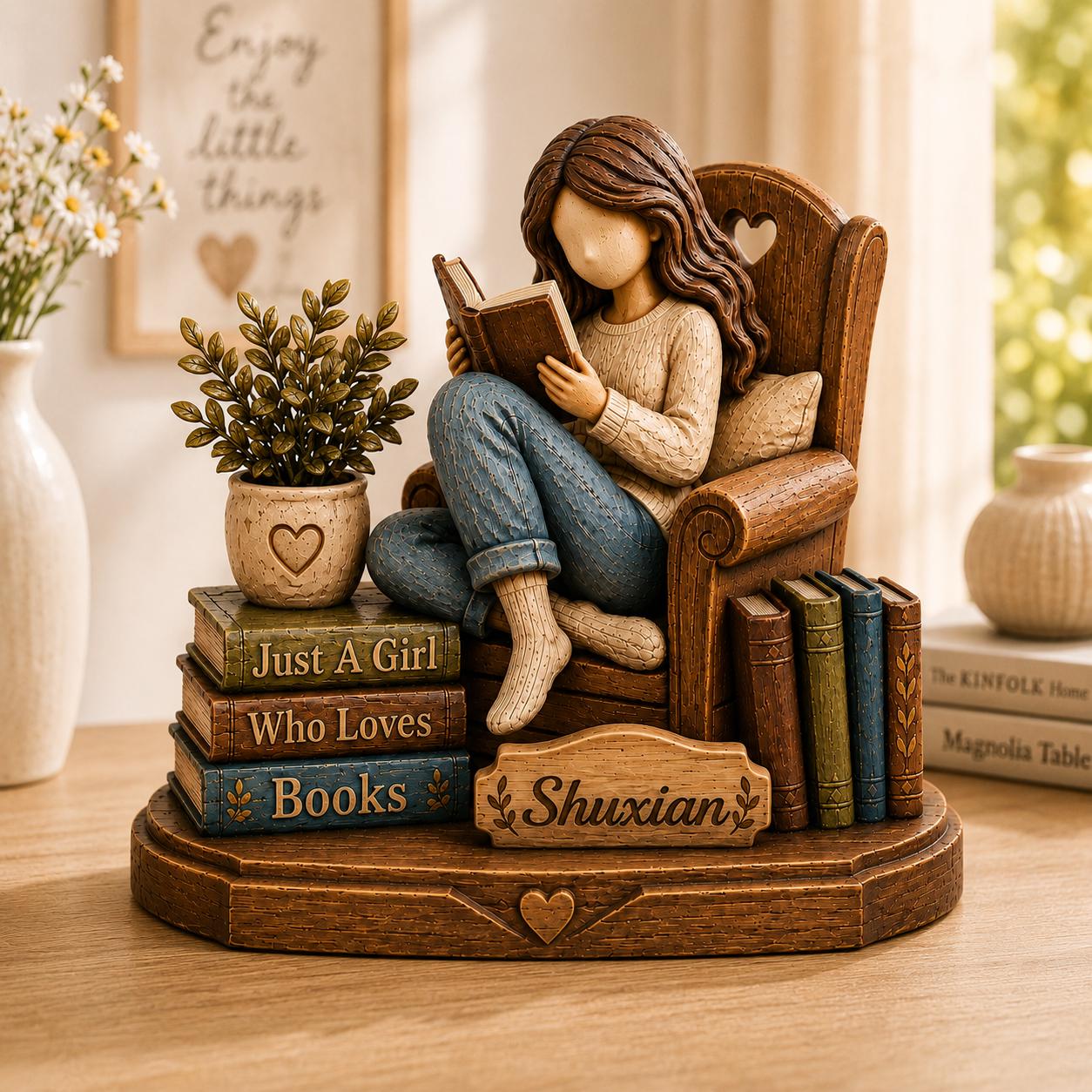 Personalized Book Lover Wooden Figurine, Custom Name Reading Girl
