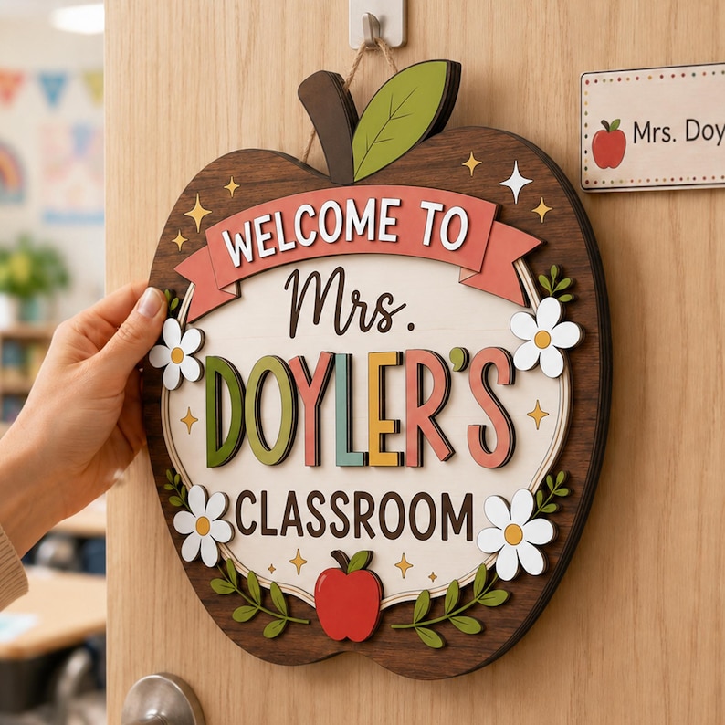 Personalized Teacher Apple Door Sign, Custom Classroom Name Sign ...