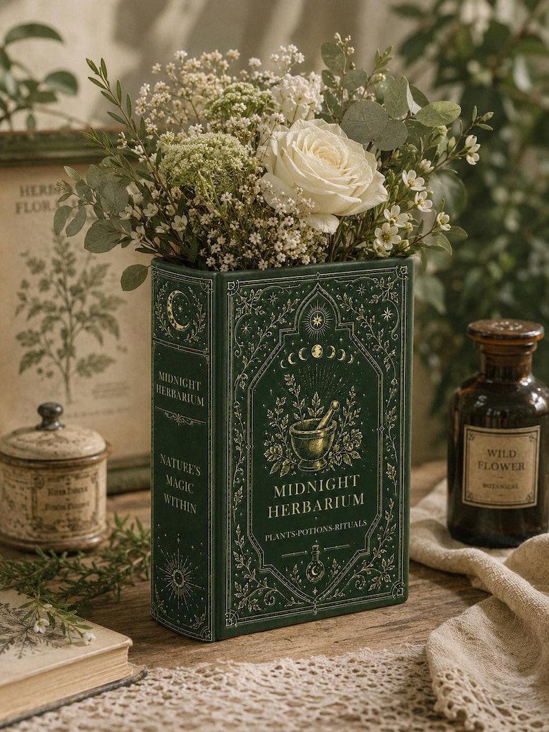 May include: A dark green rectangular vase shaped like a book titled Midnight Herbarium, featuring gold celestial and botanical illustrations, filled with a bouquet of white roses, baby's breath, and eucalyptus leaves.