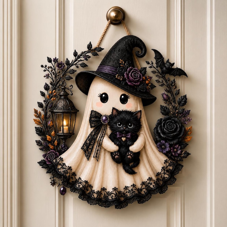 May include: A decorative wall hanging featuring a cream-colored ghost wearing a black witch hat with a purple rose, holding a black kitten. The ghost is surrounded by a wreath of black leaves, purple flowers, and a small lantern with a lit candle.