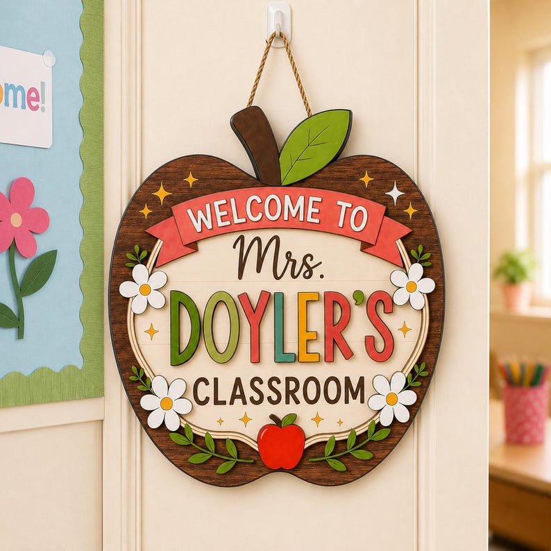 Personalized Teacher Apple Door Sign, Custom Classroom Name Sign ...