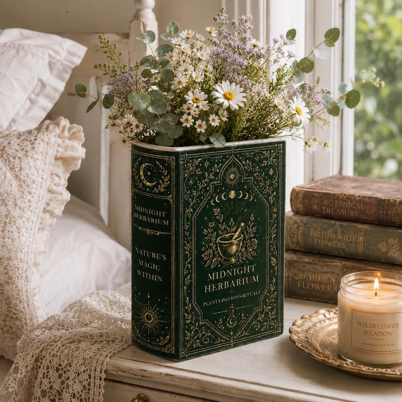 May include: A dark green rectangular vase shaped like a book titled Midnight Herbarium, featuring gold celestial and botanical illustrations. It is filled with a bouquet of white daisies, purple wildflowers, and green eucalyptus leaves.