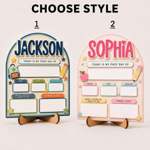 May include: Two arched wooden signs labelled CHOOSE STYLE 1 and 2. The first sign features the name JACKSON in blue with a backpack and pencil icon. The second sign features the name SOPHIA in pink with an apple and pencil icon. Both include blank fields for date, age, height, career goals, and interests.