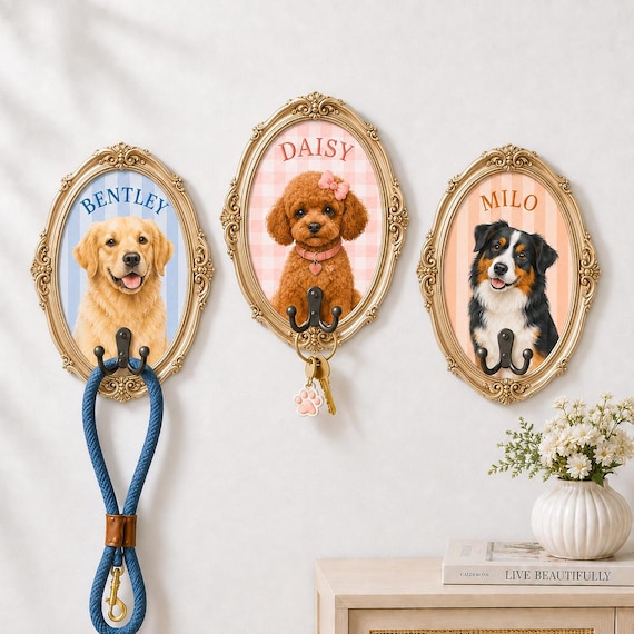 Personalized Pet Leash Holder, Pet Portrait Wall Hook, Pet Collar Storage Rack Hanger, Dog Name Tags Accessories, Pet Gifts,  Dog Key Holder
