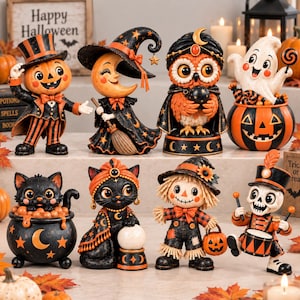 May include: A collection of eight Halloween-themed figurines featuring a pumpkin-headed character, a crescent moon witch, an owl, a ghost in a pumpkin, a black cat in a cauldron, a cat with a crystal ball, a scarecrow, and a skeleton drummer.