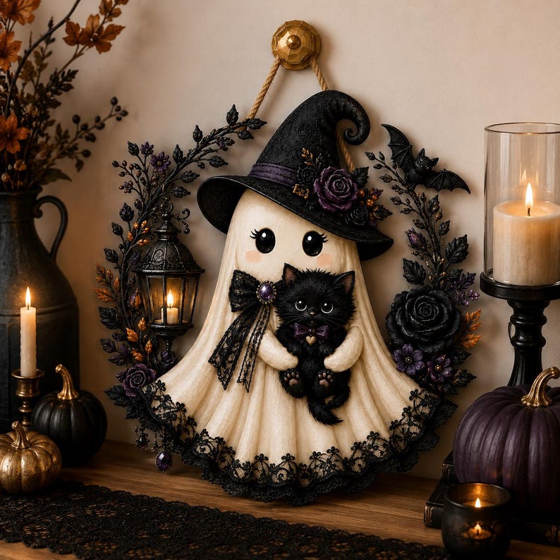 May include: A decorative wall hanging featuring a cream-colored ghost wearing a black witch hat and holding a small black kitten. The ghost is surrounded by a wreath of black roses, leaves, a small lantern, and a bat, all suspended by a rope.