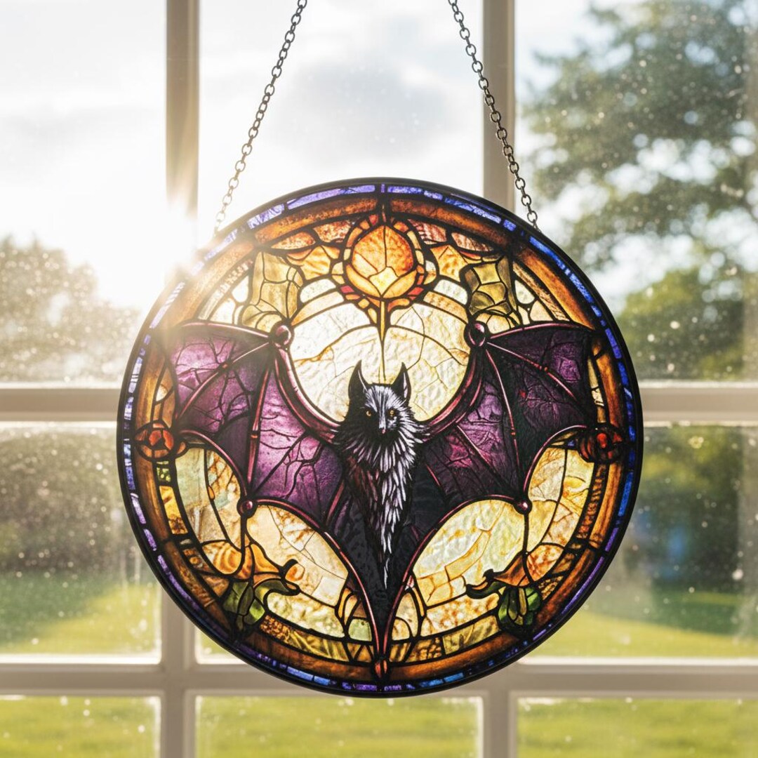 Bat Stained Glass Suncatcher, Gothic Window Hanging Decor, Halloween ...