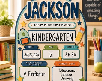 Individuell gestaltetes Schild zum Schulanfang, Tafel für den ersten Schultag, Fotorequisite für Vorschule und Kindergarten, Erinnerungsstück zum letzten Schultag