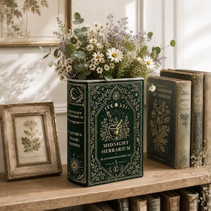 Gothic Botanical Book Vase, Midnight Herbarium Ceramic Flower Holder With Moon Phase Gold Art, Dark Cottagecore Home Office Decor image 5