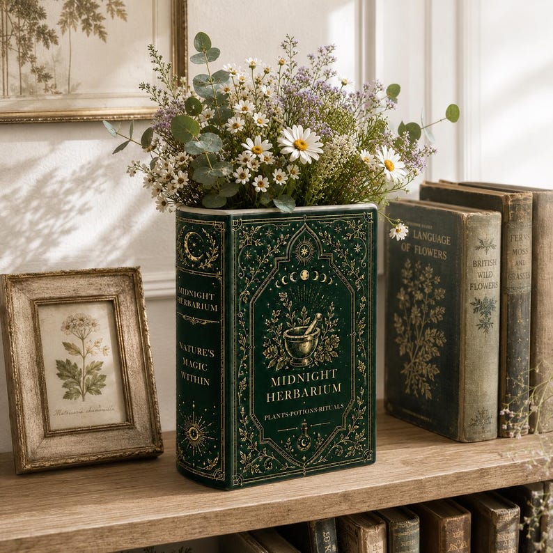 Gothic Botanical Book Vase, Midnight Herbarium Ceramic Flower Holder With Moon Phase Gold Art, Dark Cottagecore Home Office Decor image 5