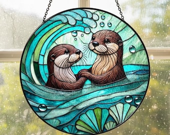 Otter Stained Glass Suncatcher, Otter Couple Window Decor Animal Lover Gift, Anniversary Gift for Couples, Ocean Sun Catcher Glass Art Panel