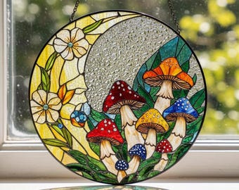 Mushroom Stained Glass Suncatcher, Cottagecore Window Decor Colorful Fungi Glass Art Nature Gift for Garden Lovers Sun Catcher Hanging Panel
