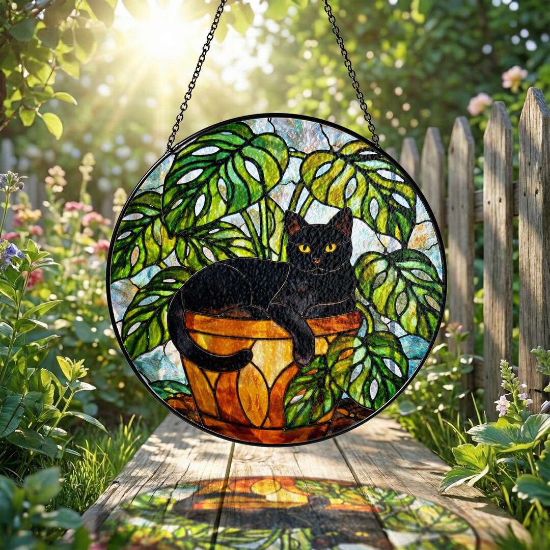 Personalized Black Cat Suncatcher Stained Glass, Monstera Plant Window ...