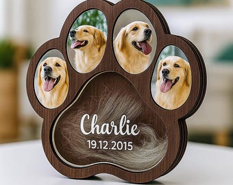 Custom Wooden Pet Fur Keepsake Box Picture Frame, Pet Paw Memorial Card, Pet Ashes Teeth Hair Box Pet Lover Sculpture Paw Print Memorial