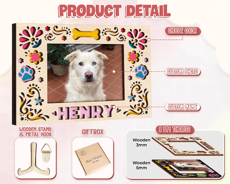 May include: A personalized wooden picture frame with a photo of a white dog named Henry. The frame has decorative floral and paw print accents, a yellow bone, and the text "HENRY". Includes a wooden stand, metal hook, and gift box.